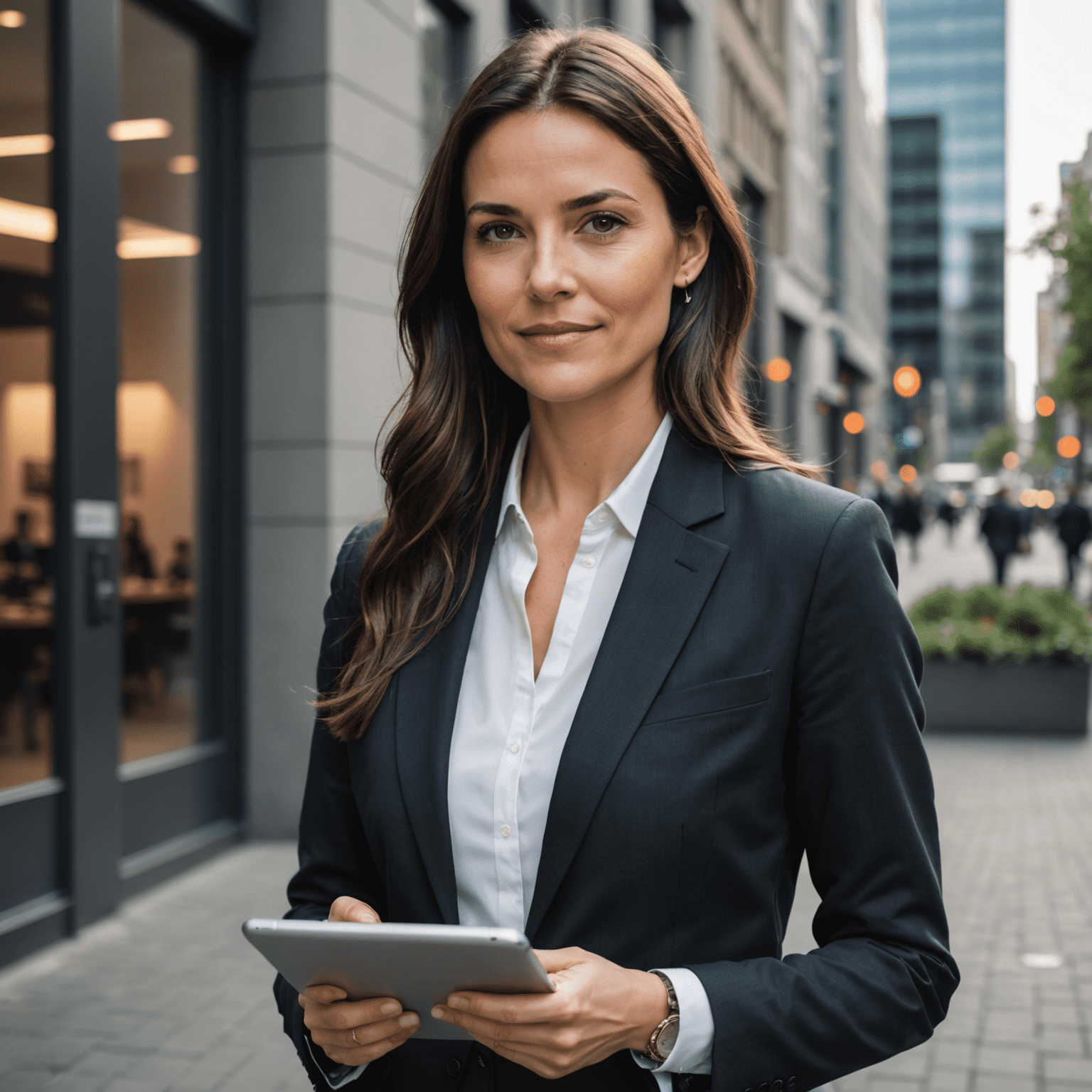 Portret van Lisa Bakker, senior marktanalist bij ShiftQuotient. Een jonge vrouw met lang donker haar, gekleed in een modern zakelijk pak, met een tablet in haar hand.