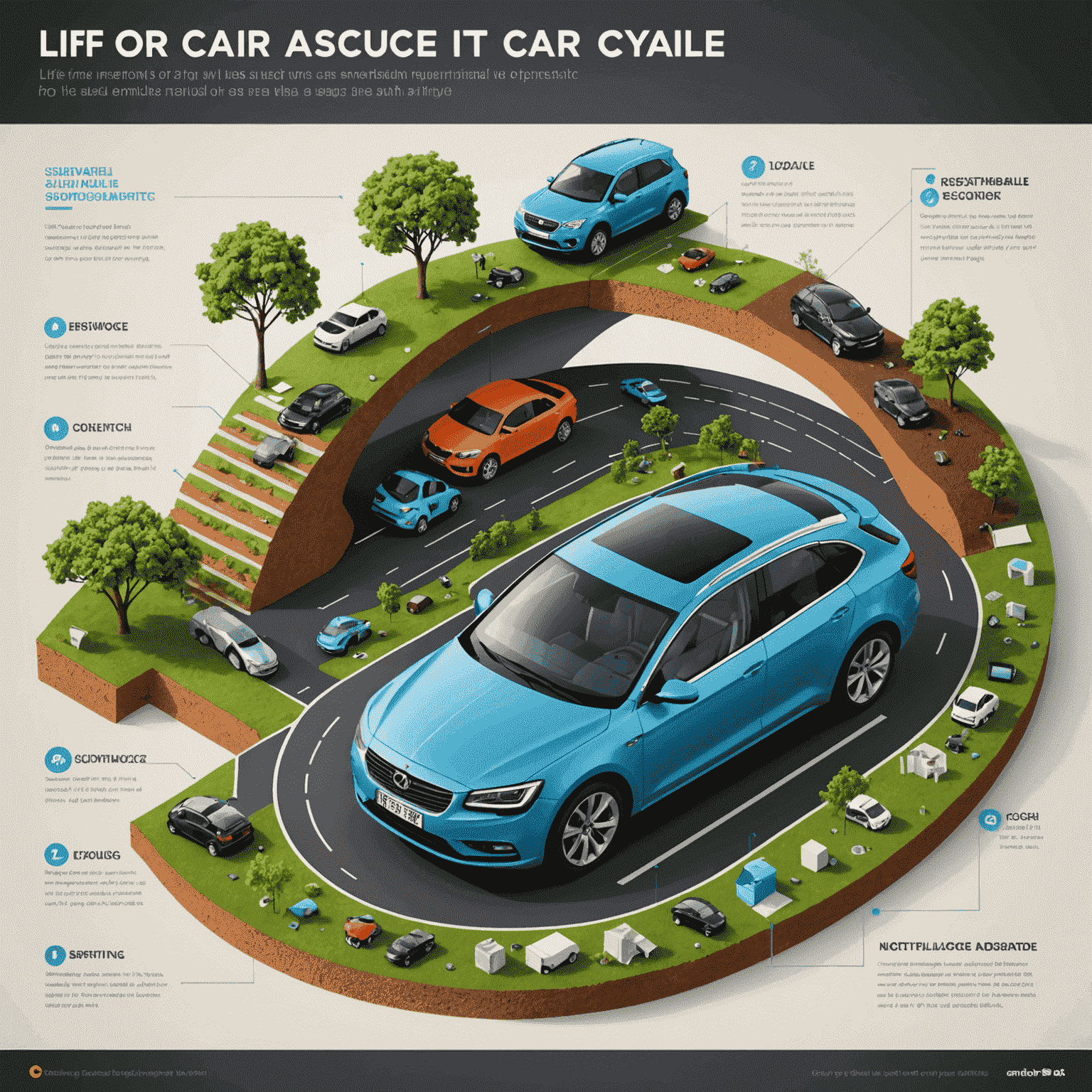 Infographic die de levenscyclus van een auto toont, met nadruk op het gebruik van duurzame materialen en de verminderde milieu-impact in elke fase