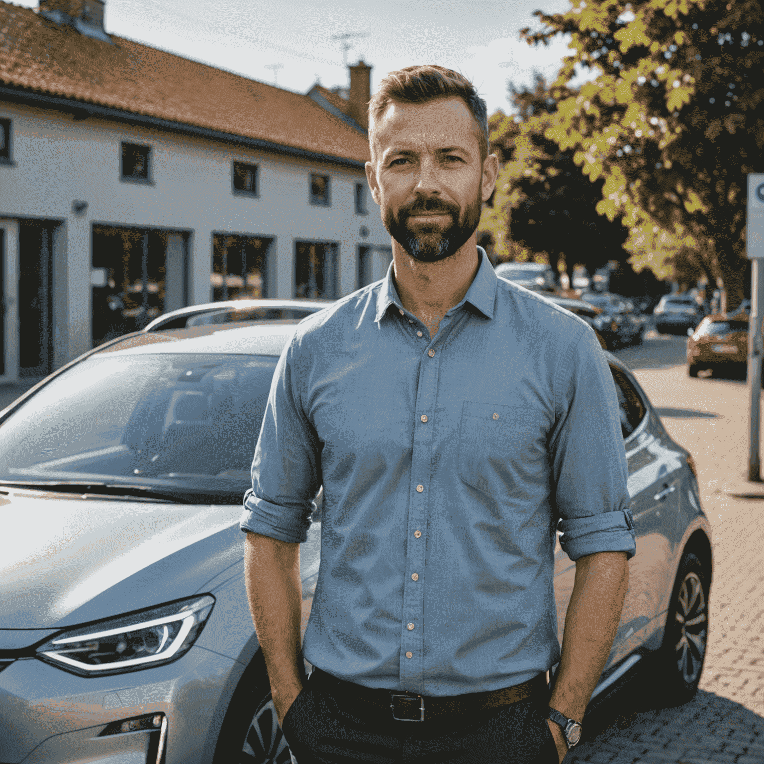 Portret van Pieter van der Meer, technologie-expert bij ShiftQuotient. Een man in de dertig met kort haar en een baard, draagt een casual shirt en staat naast een elektrische auto.